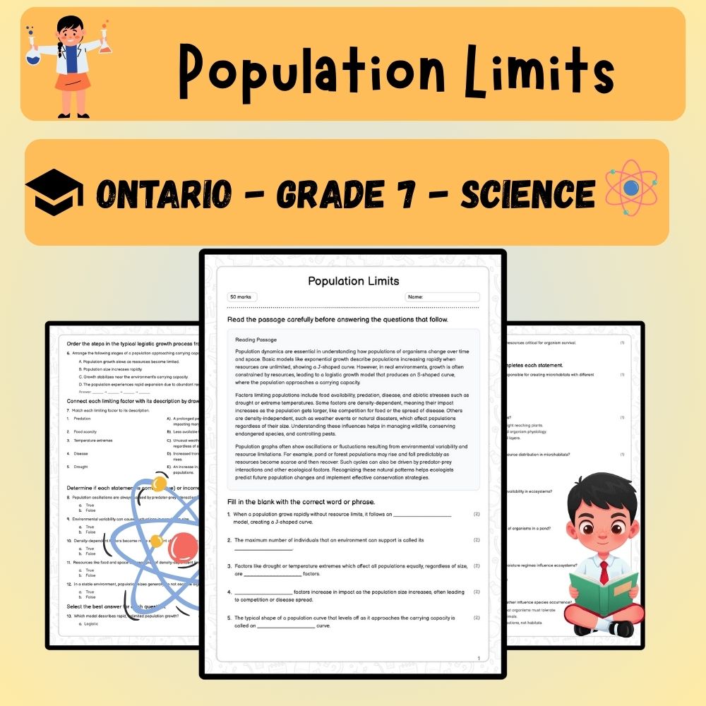 Grade 7 Science worksheet worksheet — Grade 7 Science | Population Limits Worksheet (PDF ) – Ontario Standards — page 1