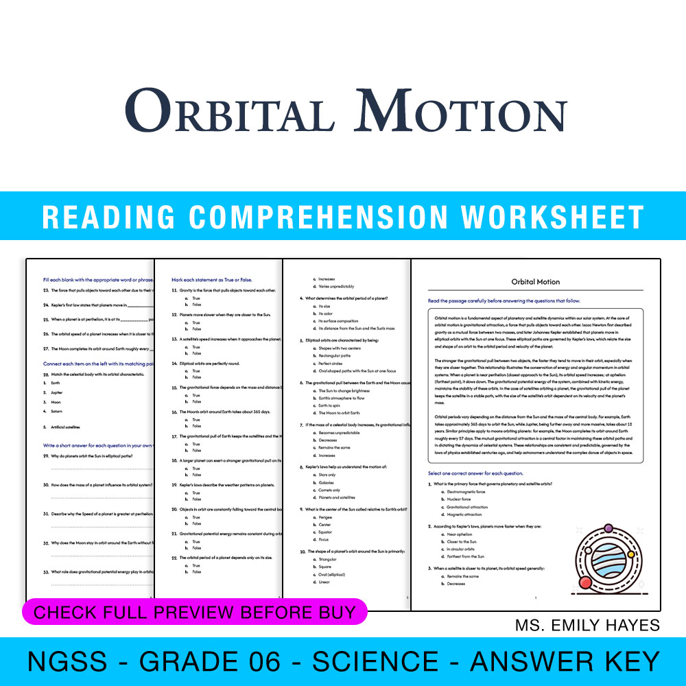 Grade 6 Science worksheet worksheet — 6th Grade Science | Orbital Motion Worksheet (PDF + Answer Key) — page 1