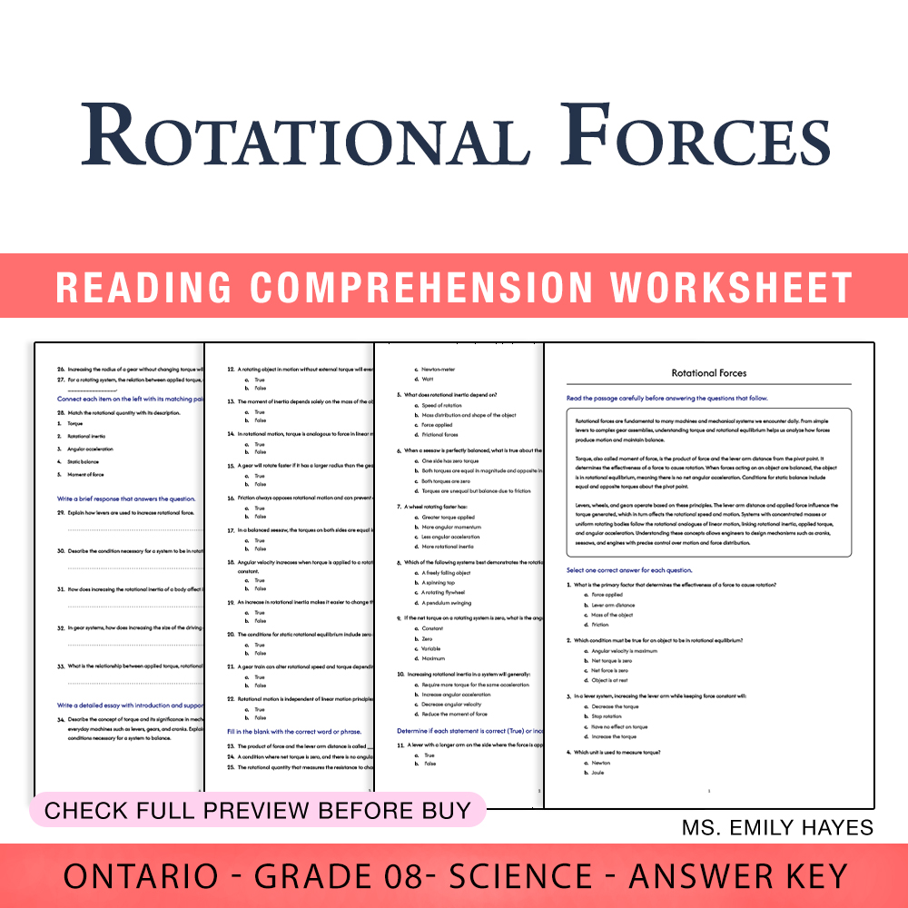Grade 8 Science worksheet worksheet — Grade 8 Science | Rotational Forces Worksheet (PDF + Answer Key) — page 1