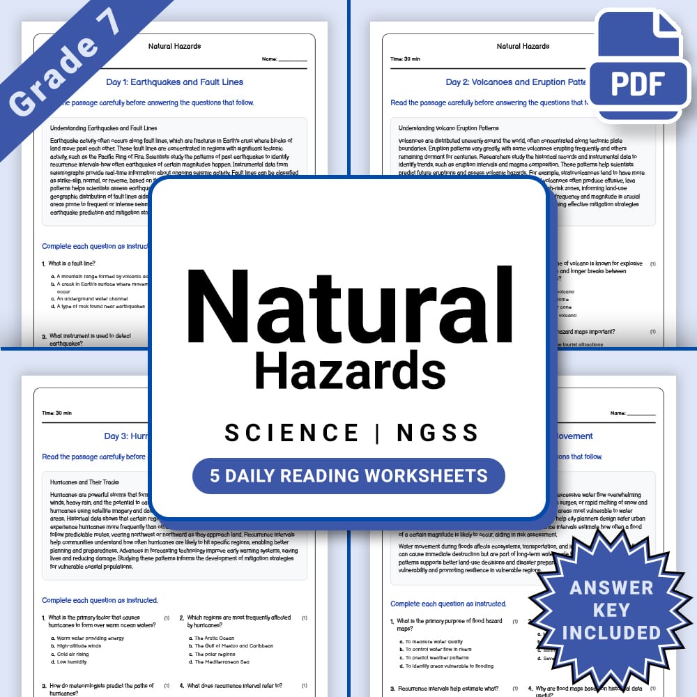 Grade 7 Science daily reading worksheet worksheet — Grade 7 Science – Natural Hazards Daily Reading Worksheet(PDF + Answer…