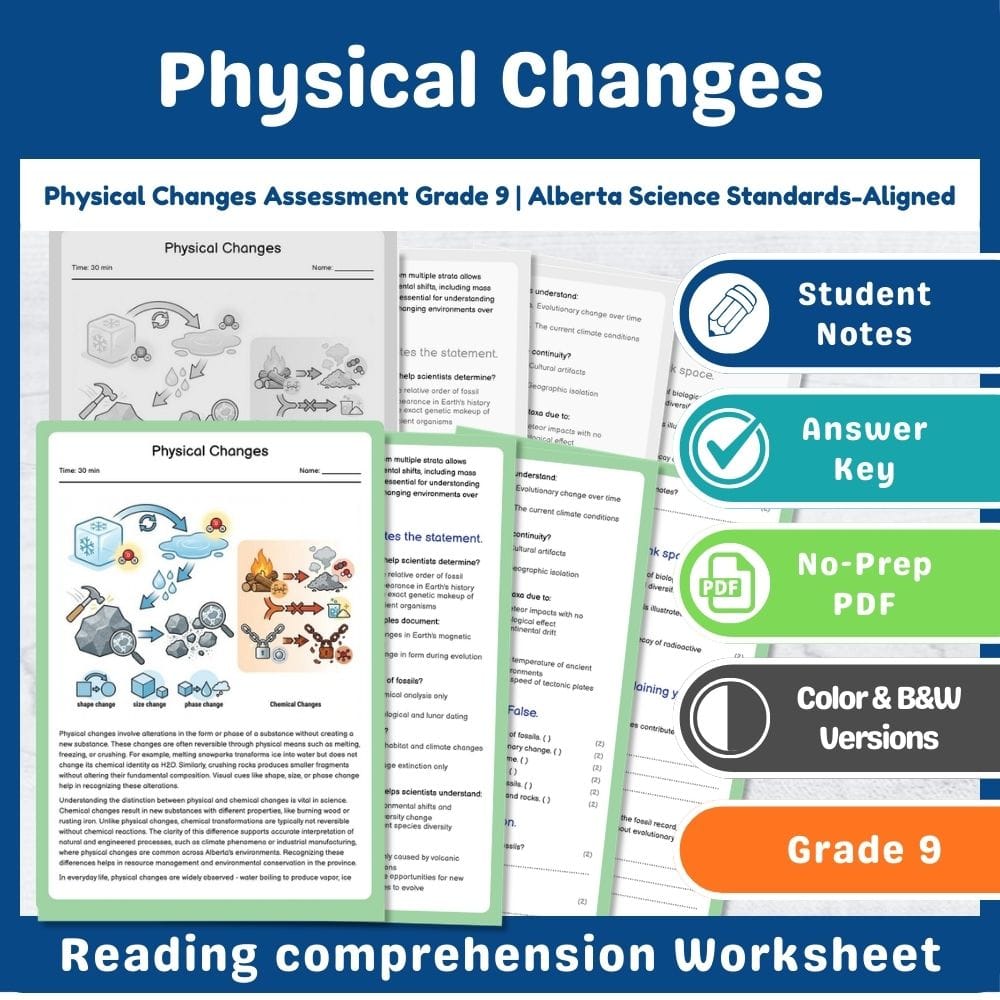 Grade 9 Science assessment worksheet — Physical Changes Assessment Grade 9 | Alberta Science Standards-Aligned — page 1