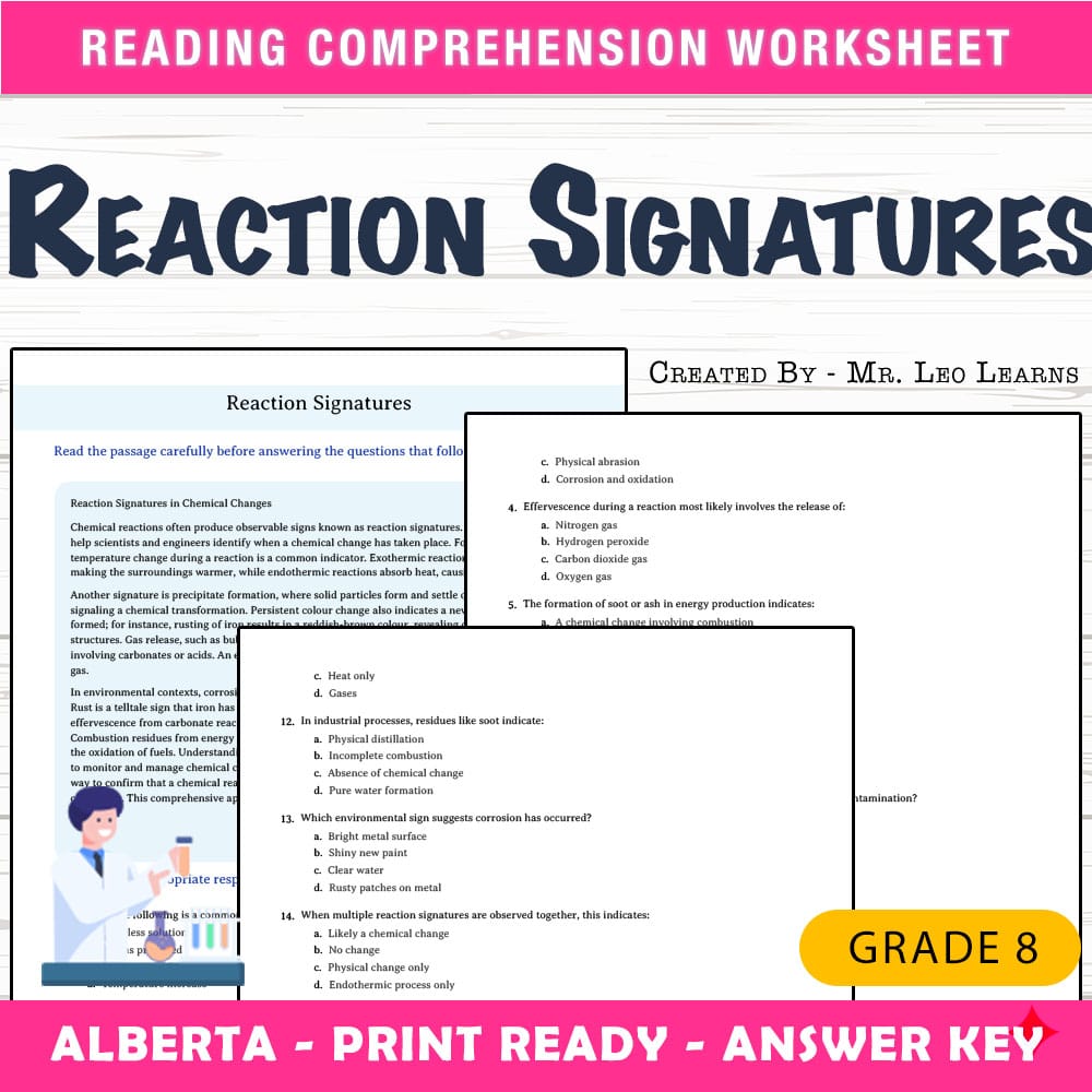 Grade 8 Science worksheet mcq paper worksheet — Grade 8 Science — Reaction Signatures Worksheet for Mastery — page 1