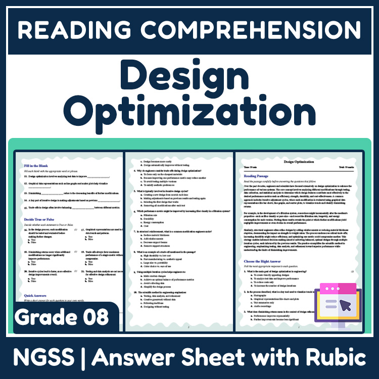 Grade 8 Science reading worksheets worksheet — 8th Grade Science | Design Optimization Reading Worksheets PDF & Answer Key…