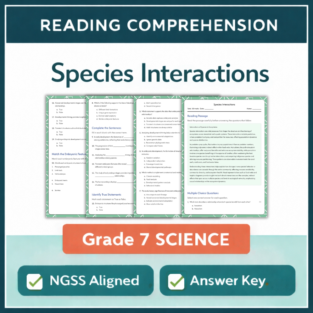 Grade 7 Science | Species Interactions Worksheet (NGSS-Aligned) with Answer Key