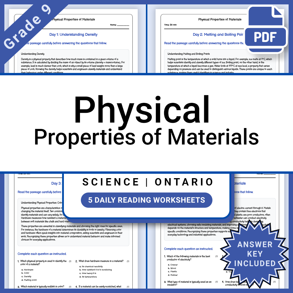 Grade 9 Science Lesson Group: Ontario Curriculum Daily Reading Worksheets — included worksheet 15