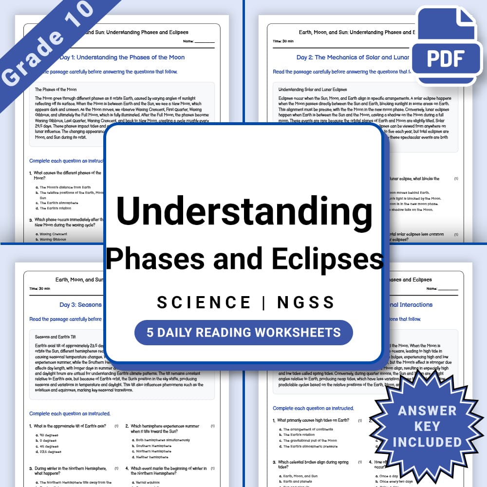 Grade 10 Science daily reading worksheet worksheet — Grade 10 Science – Earth, Moon, and Sun Phases Worksheet (PDF +Answer…