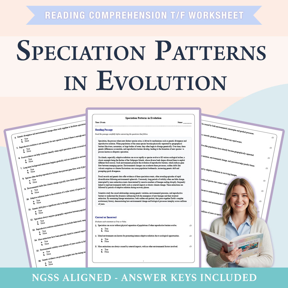 Grade 8 Science reading comprehensions true or false worksheet worksheet — 8th Grade Science |Speciation Patterns in Evolu…