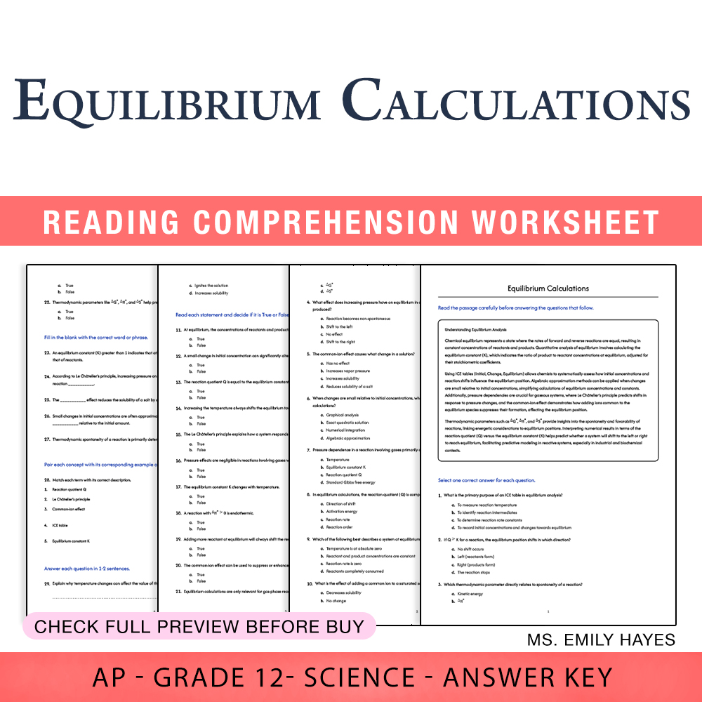 Grade 12 Science worksheet assessment worksheet — Grade 12 Science | Equilibrium Calculations Worksheet (PDF+ Answer Key)…