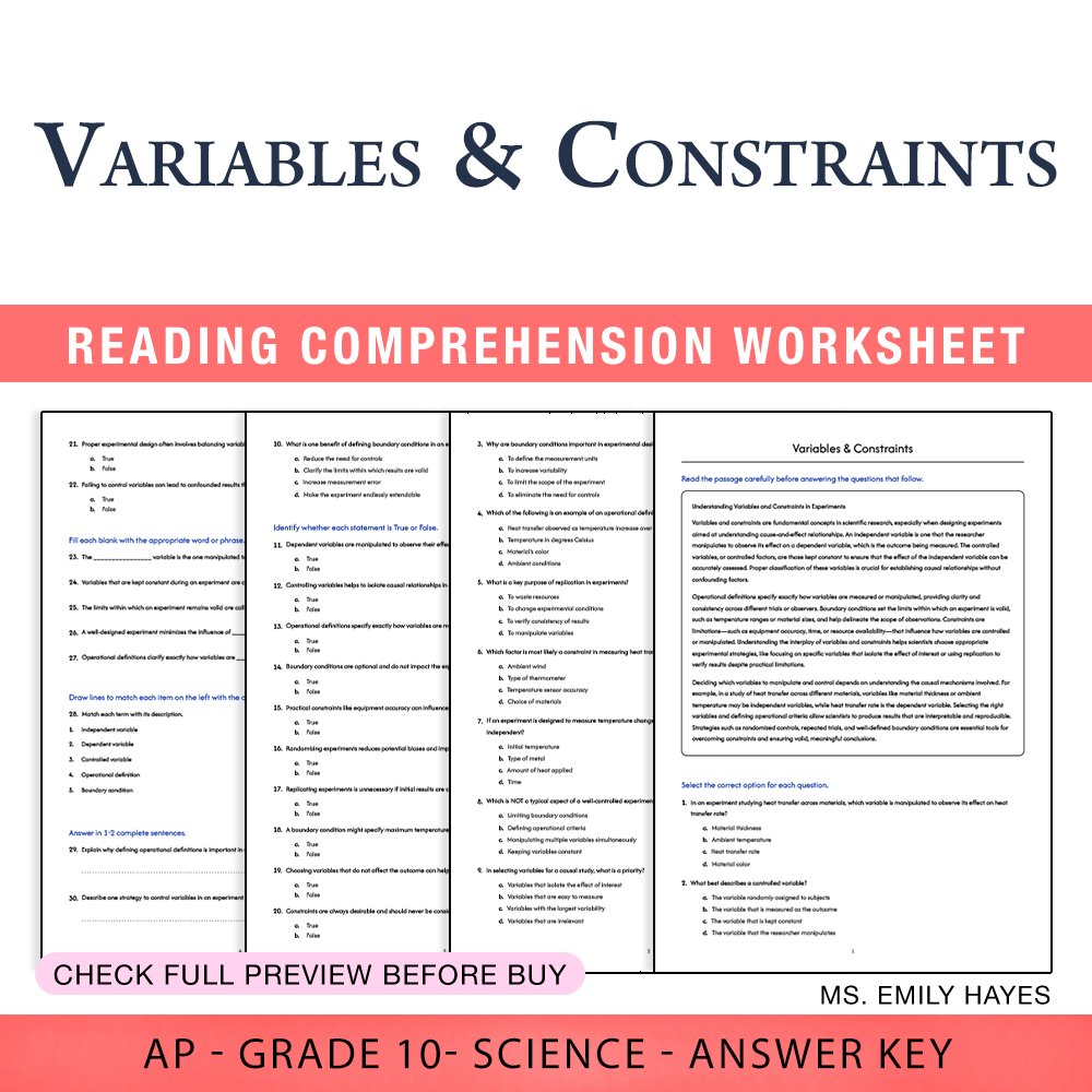 Grade 10 Science worksheet worksheet — 10th Grade Science | Variables & Constraints Worksheet (PDF+ Answer Key) — page 1