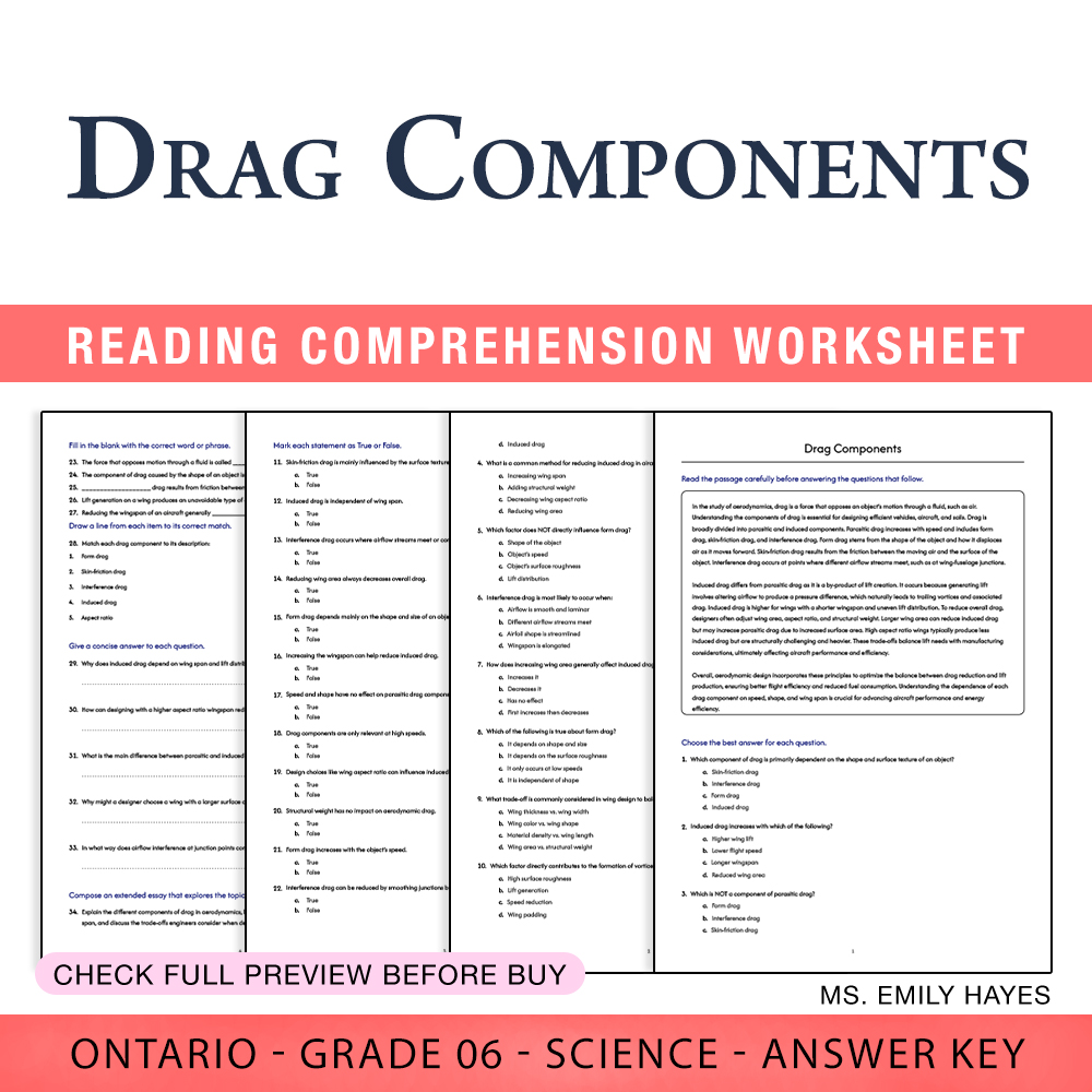Grade 6 Science worksheet worksheet — 6th Grade Science | Drag Components Worksheet (PDF + Answer Key) — page 1