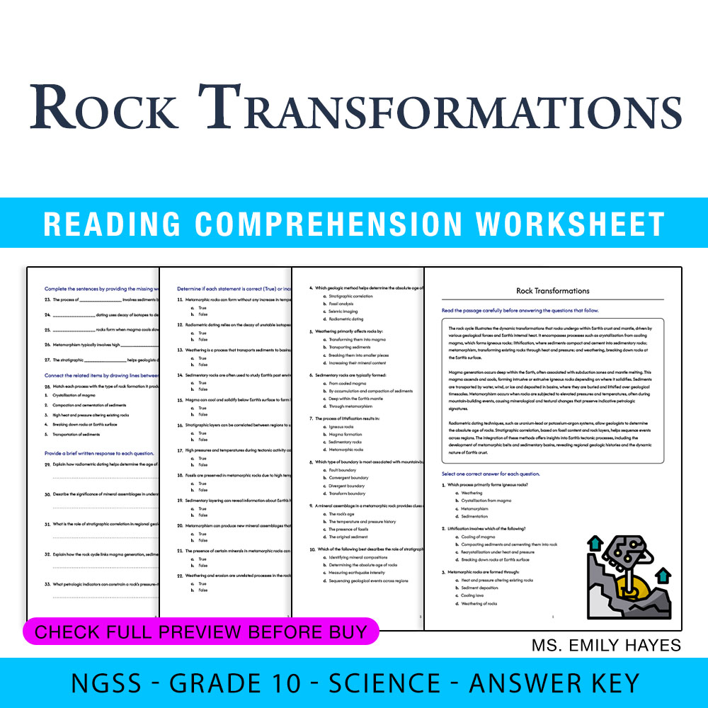 Grade 10 Science worksheet worksheet — Grade 10 Science | Rock Transformations Worksheet (PDF+ Answer Key) — page 1