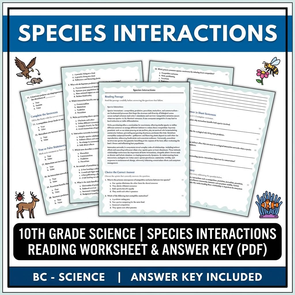 10th Grade Science | Species Interactions Reading Worksheet & Answer Key (PDF)