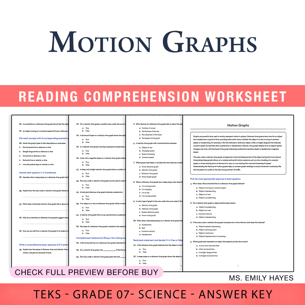 Grade 7 Science worksheet worksheet — 7th Grade Science | Motion Graphs Worksheet (PDF+ Answer Key) — page 1
