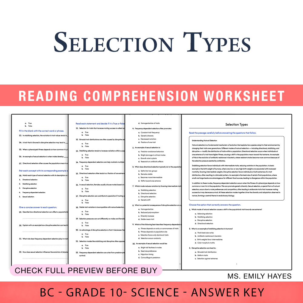Grade 10 Science worksheet worksheet — Grade 10 Science | Selection Types Worksheet (PDF+ Answer Key) — page 1