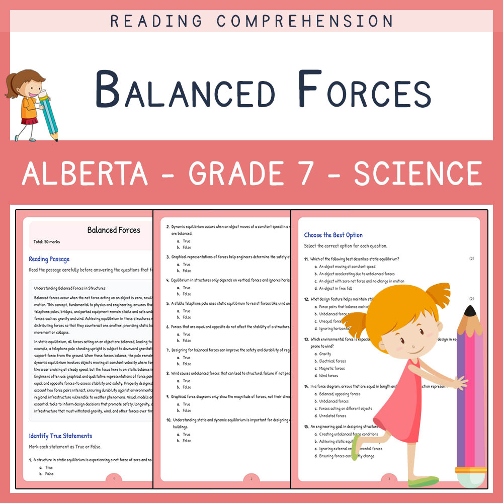 Grade 7 Science worksheet elena worksheet — Grade 7 Science Assessment | Balanced Forces Worksheet Elena | Alberta — page 1