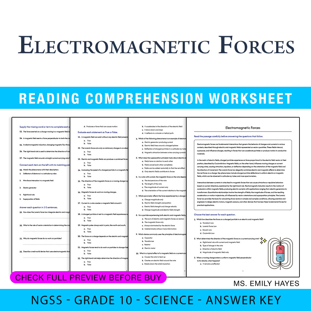 Grade 10 Science worksheet — Grade 10 Science | Electromagnetic Forces Worksheet (PDF+ Answer Key) — page 1