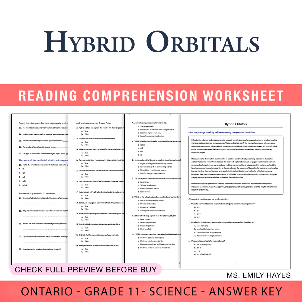 Grade 11 Science worksheet worksheet — 11th Grade Science | Hybrid Orbitals Worksheet (PDF + Answer Key) — page 1