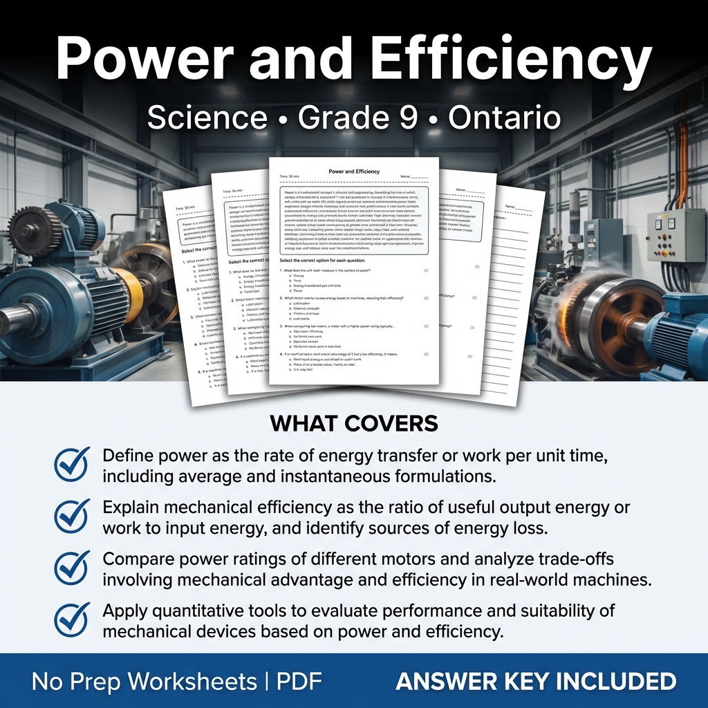 Grade 9 Science worksheet — Power and Efficiency Worksheet for Grade 9 Science | Ontario Standards
