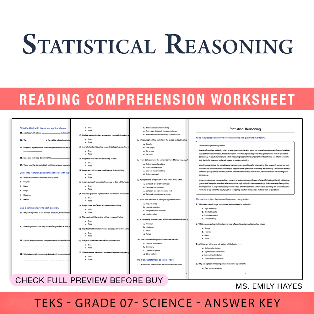 Grade 7 Science worksheet worksheet — 7th Grade Science | Statistical Reasoning Worksheet (PDF+ Answer Key) — page 1