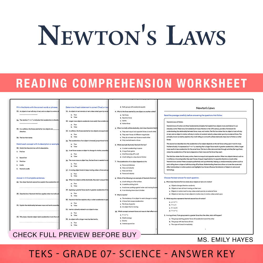Grade 7 Science worksheet worksheet — 7th Grade Science | Newton's Laws Worksheet (PDF+ Answer Key) — page 1
