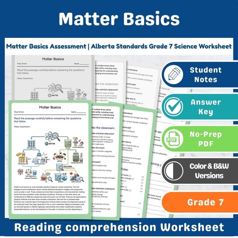 Grade 7 Science assessment worksheet — Matter Basics Assessment | Alberta Standards Grade 7 Science Worksheet — page 1
