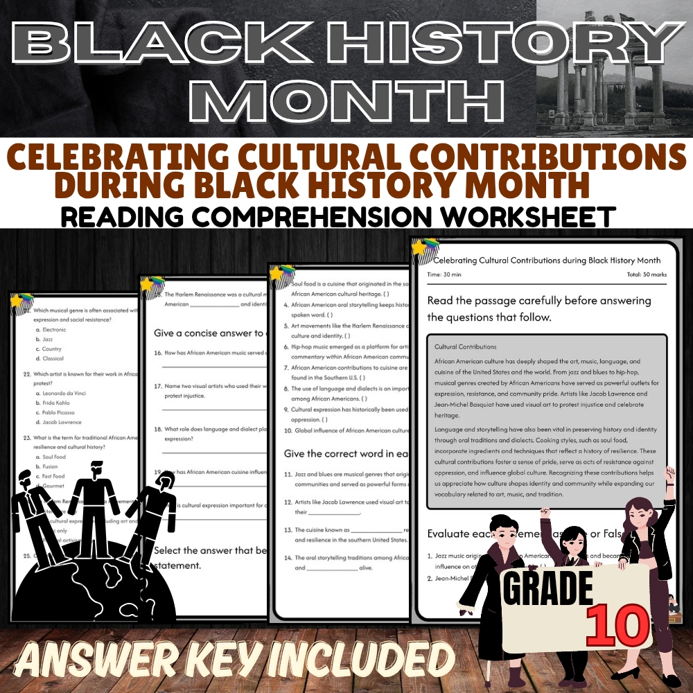 Grade 10 Black History Month Worksheet for Cultural Contributions|PDF+Answer Key
