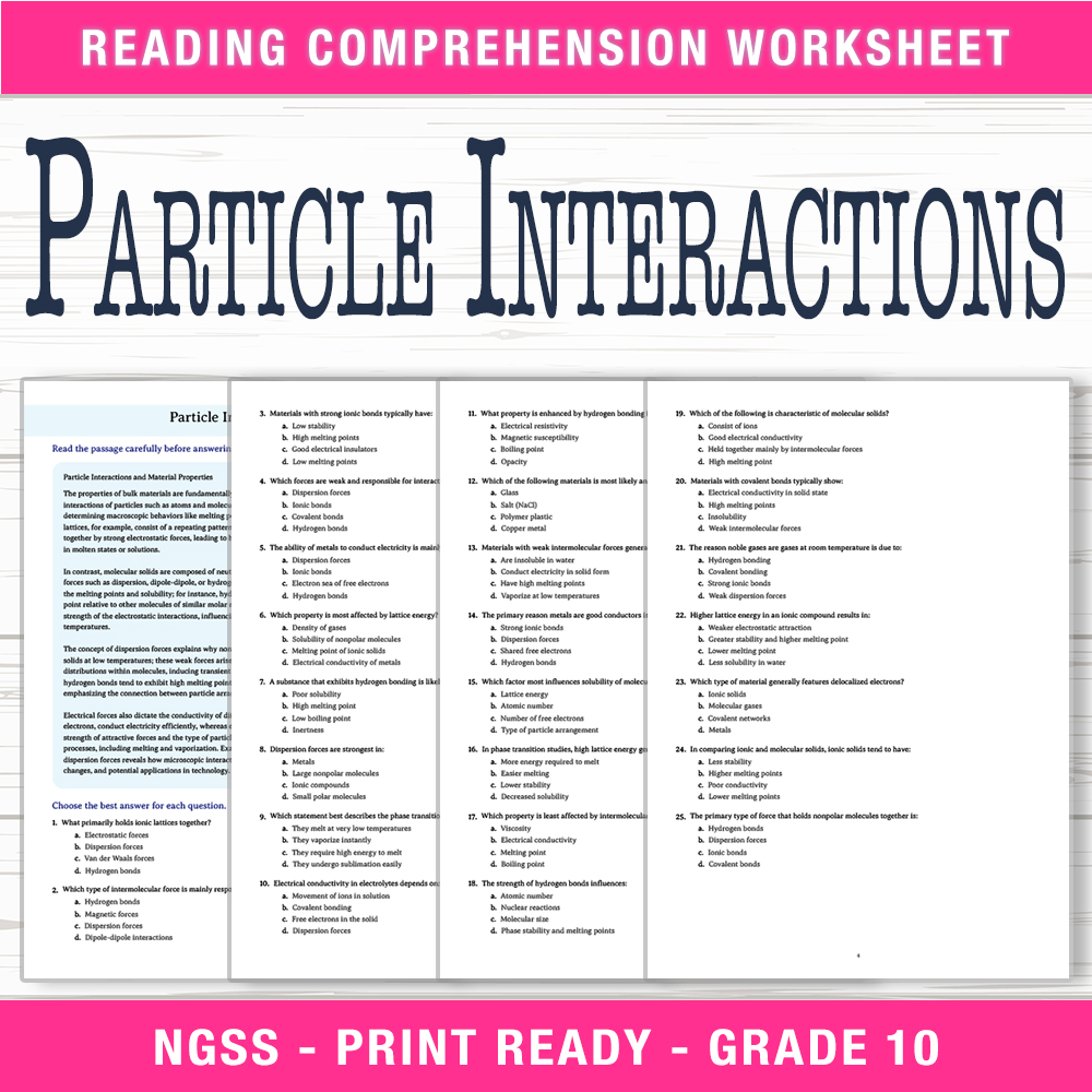 Grade 10 Science worksheet worksheet — Grade 10 Science | Particle Interactions Worksheet (PDF + Answer Key) — page 1