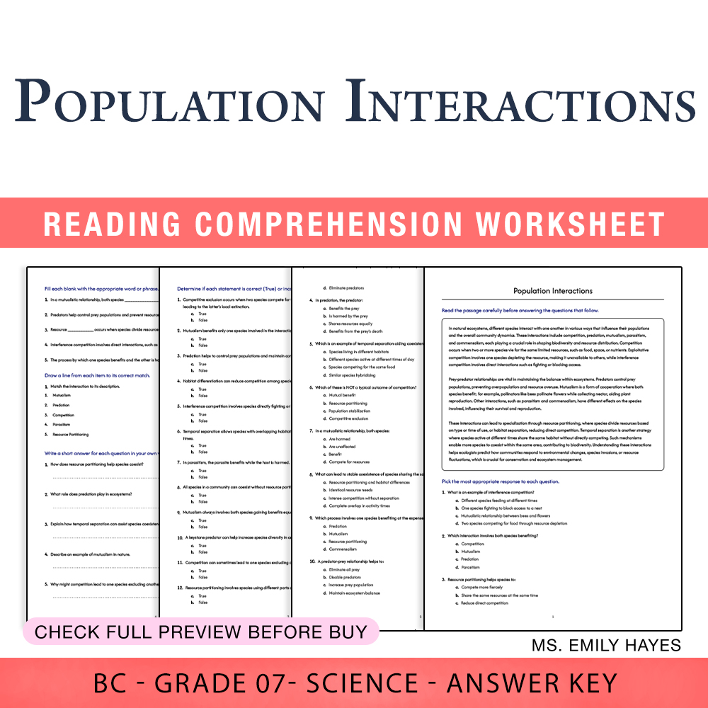 Grade 7 Science worksheet worksheet — Grade 7 Science | Population Interactions Worksheet (PDF+ Answer Key) — page 1