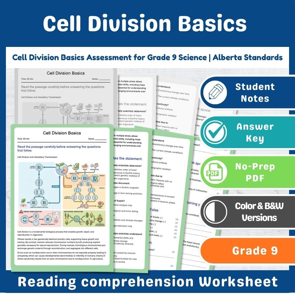 Grade 9 Science assessment worksheet — Cell Division Basics Assessment for Grade 9 Science | Alberta Standards — page 1