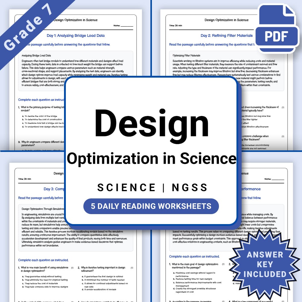 Grade 7 Science daily reading worksheet worksheet — Grade 7 Science – Design Optimization Worksheet(PDF + Answer Key) — pa…