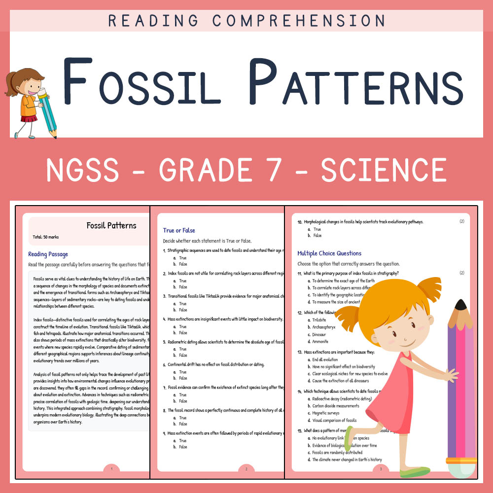Grade 7 Science worksheet worksheet — Grade 7 Science | Fossil Patterns Worksheet (Answer Key) | NGSS Alignment — page 1