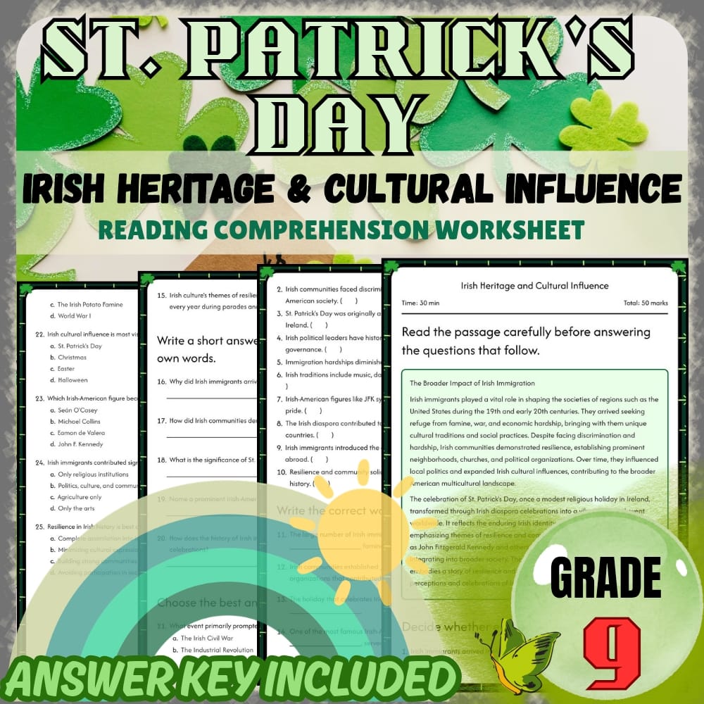 Grade 9 Worksheets Bundle | St. Patrick's Day Cultural & Folklore Activities — included worksheet 5