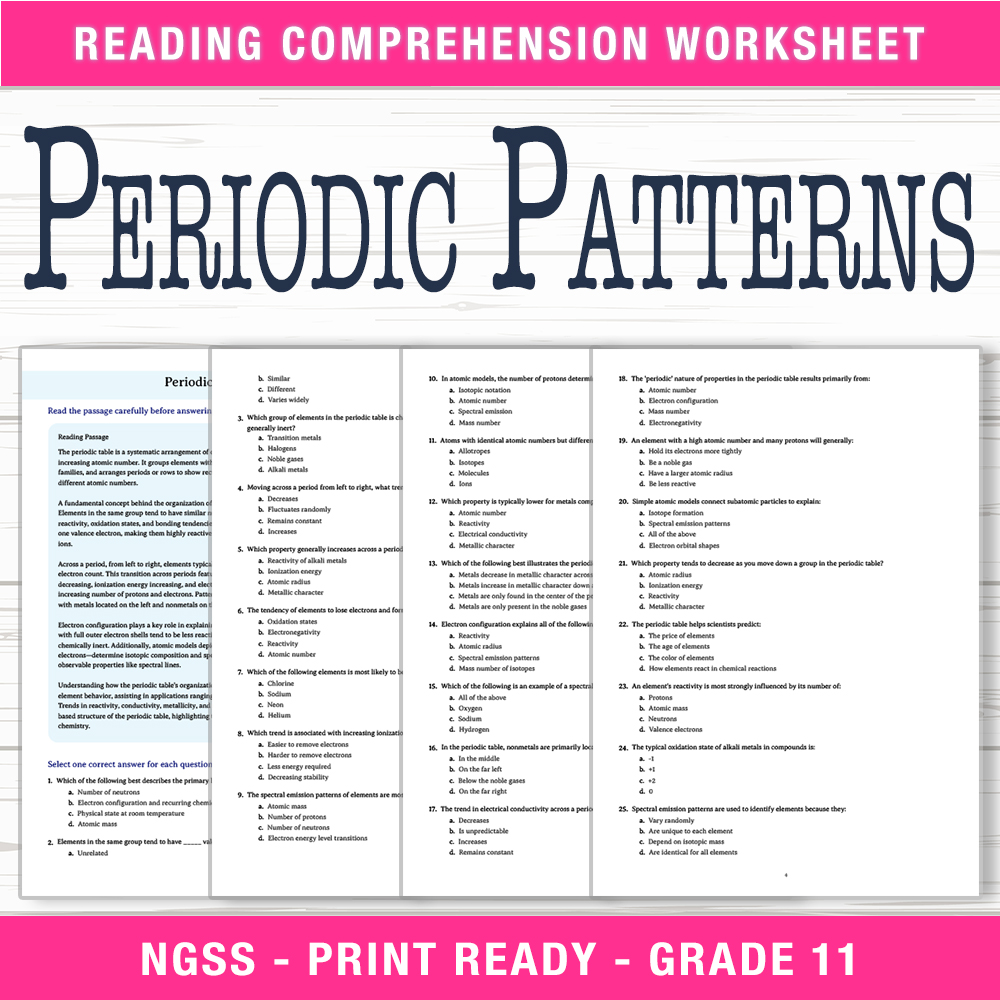 Grade 11 Science worksheet worksheet — Grade 11 Science | Periodic Patterns Worksheet (PDF + Answer Key) — page 1
