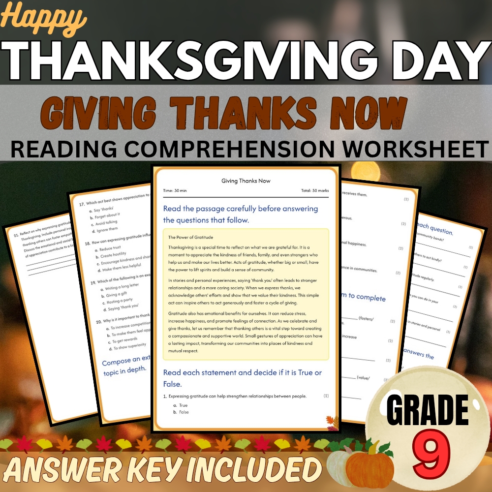 Grade 9 Seasonal Holidays Worksheet Pack | Thanksgiving History (PDF+Answer Key) — included worksheet 5