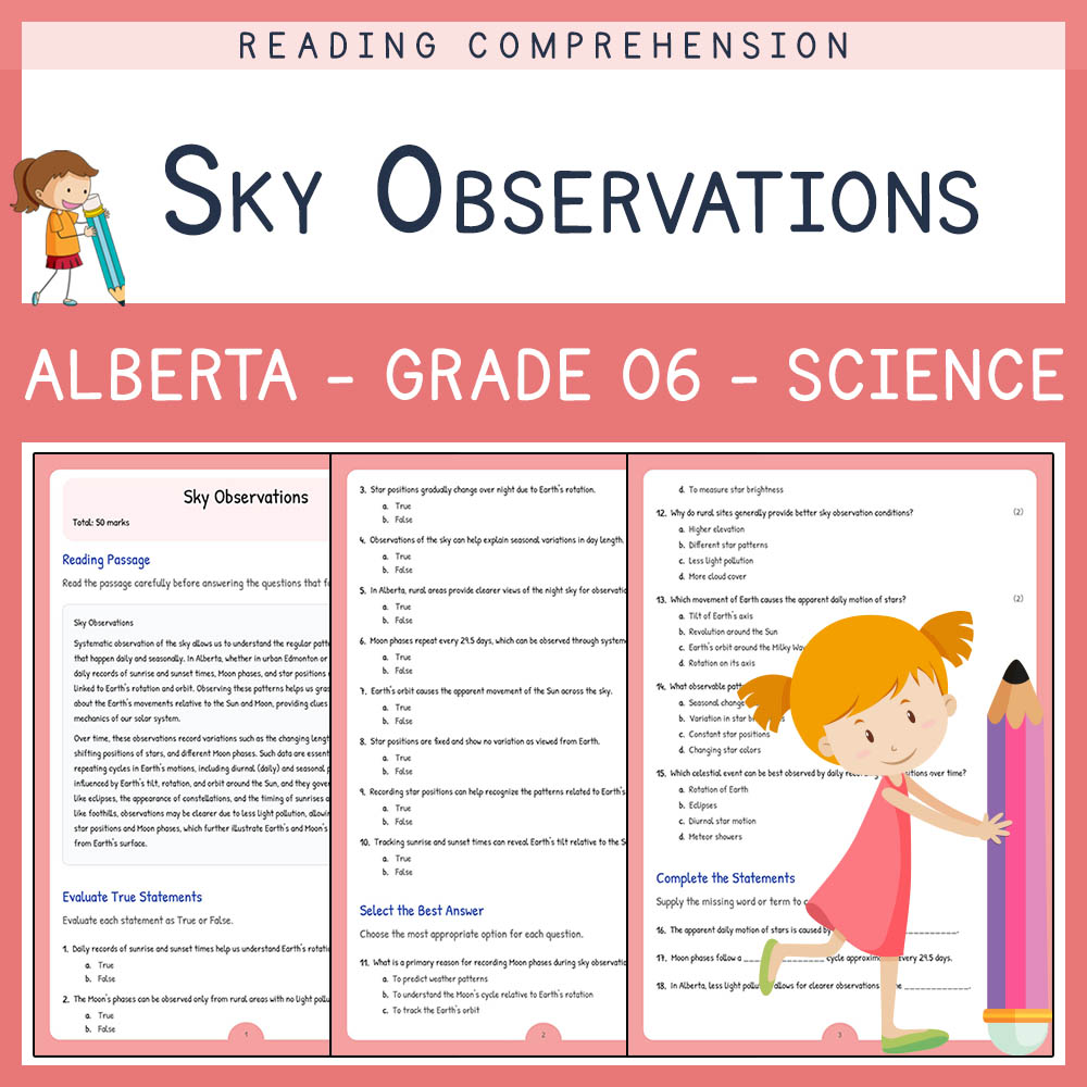 Grade 6 Science worksheet elena worksheet — Grade 6 Science Assessment | Sky Observations Worksheet | Alberta — page 1