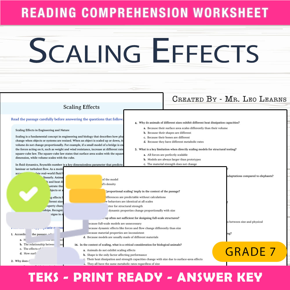 Grade 7 Science worksheet worksheet — Grade 7 Science — Scaling Effects Worksheet for Mastery — page 1