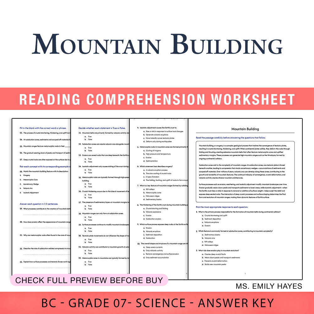 Grade 7 Science worksheet worksheet — 7th Grade Science | Mountain Building Worksheet (PDF+ Answer Key) — page 1