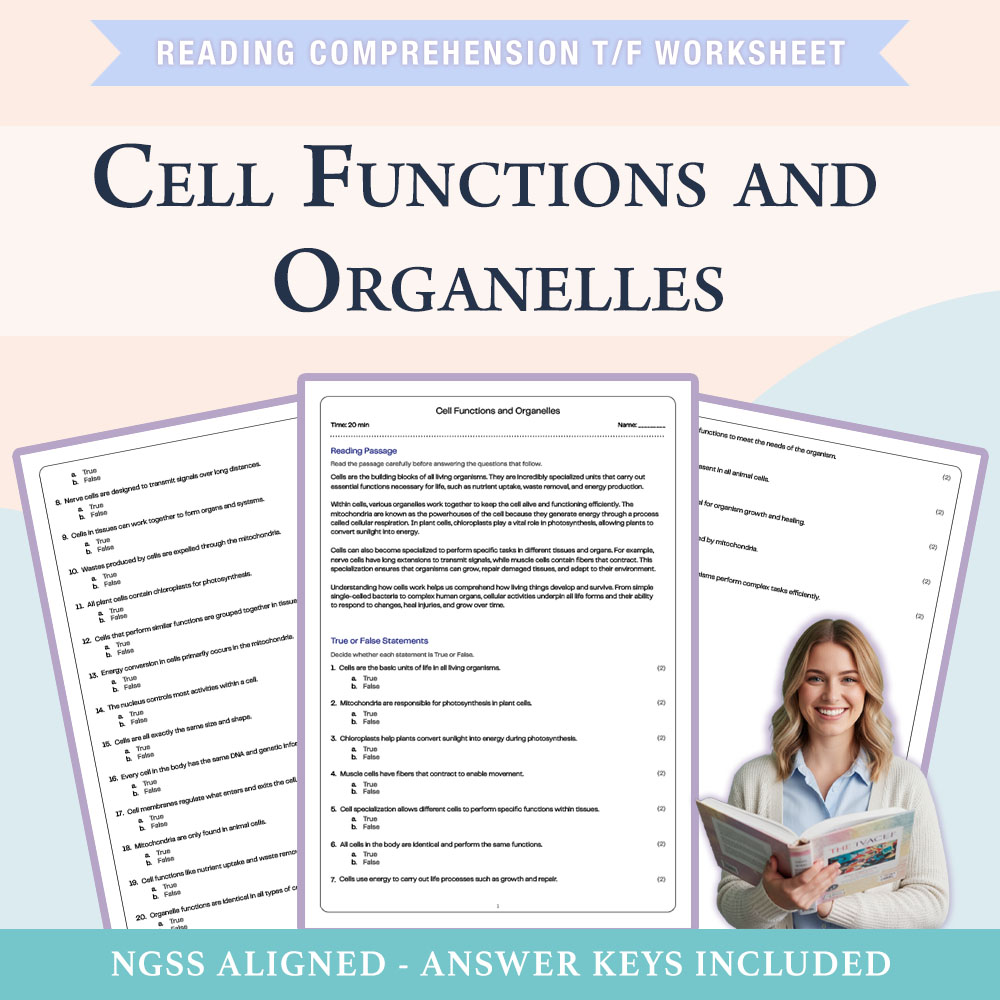 Science reading comprehensions true or false worksheet worksheet — 6th Grade Science | Cell Functions & Organelles True or…