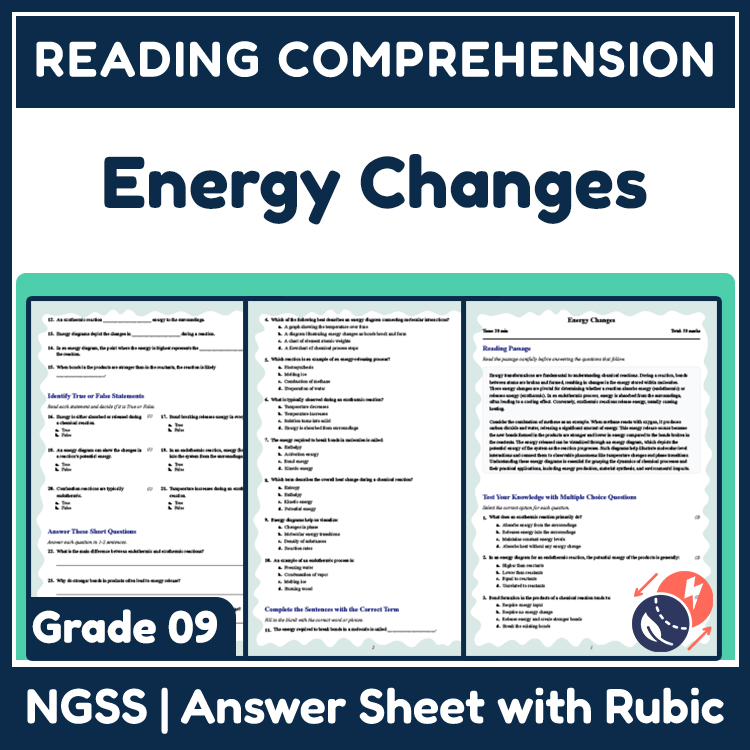 Grade 9 Science reading worksheets worksheet — Grade 9 Science | Energy Changes Reading Worksheet (PDF + Answer Key) — page 1