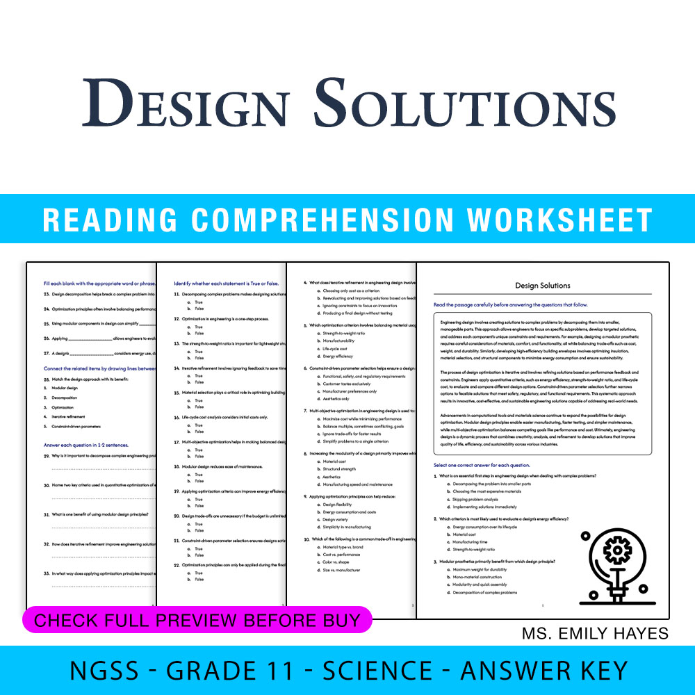 Grade 11 Science worksheet worksheet — Grade 11 Science | Design Solutions Worksheet (PDF+ Answer Key) — page 1