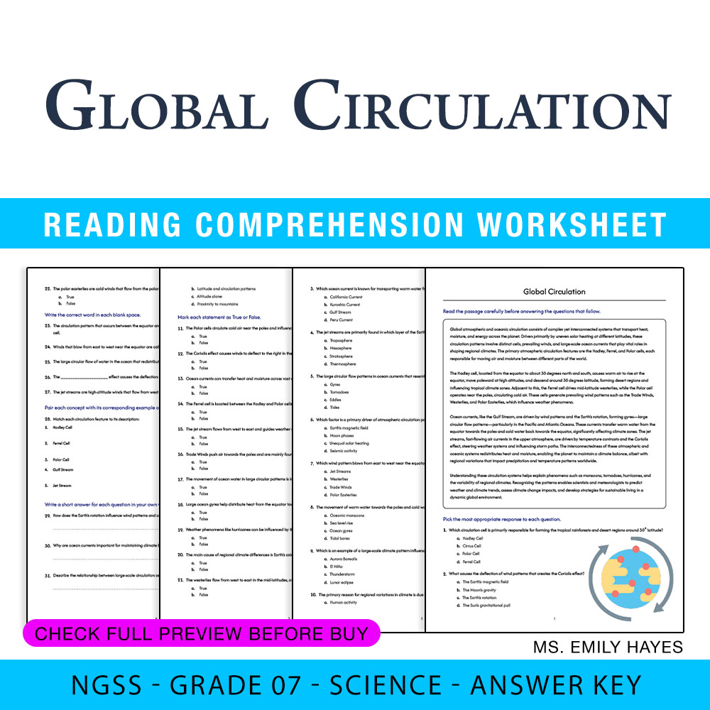 Grade 7 Science worksheet worksheet — 7th Grade Science | Global Circulation Worksheet (PDF+ Answer Key) — page 1