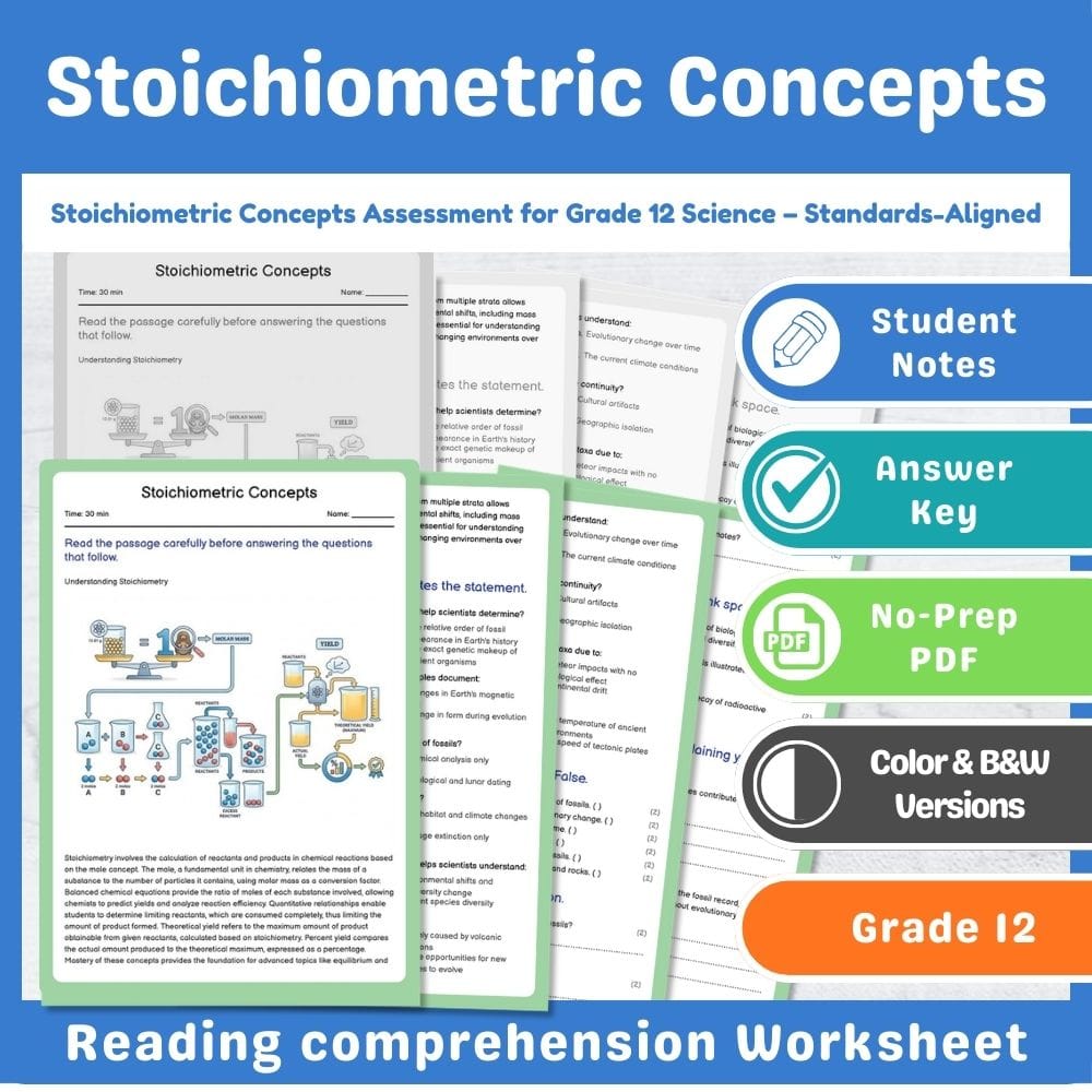 Grade 12 Science assessment worksheet — Stoichiometric Concepts Assessment for Grade 12 Science – Standards-Aligned — page 1