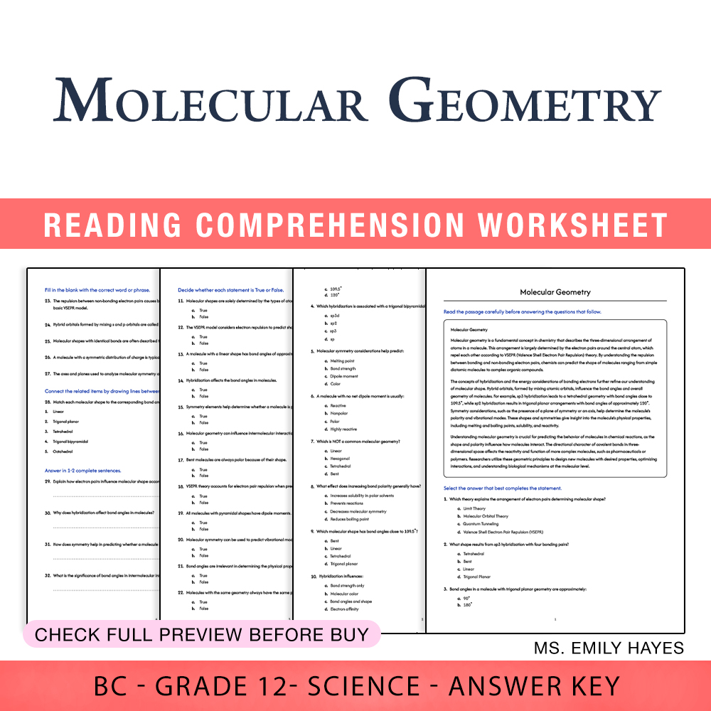 Grade 12 Science worksheet worksheet — Grade 12 Science | Molecular Geometry Worksheet (PDF + Answer Key) — page 1