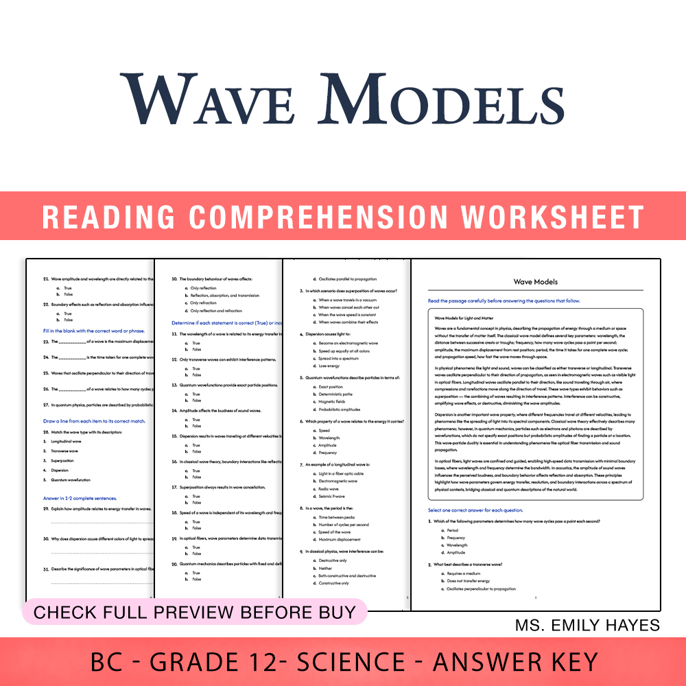 Grade 12 Science worksheet worksheet — Grade 12 Science | Wave Models Worksheet (PDF + Answer Key) — page 1