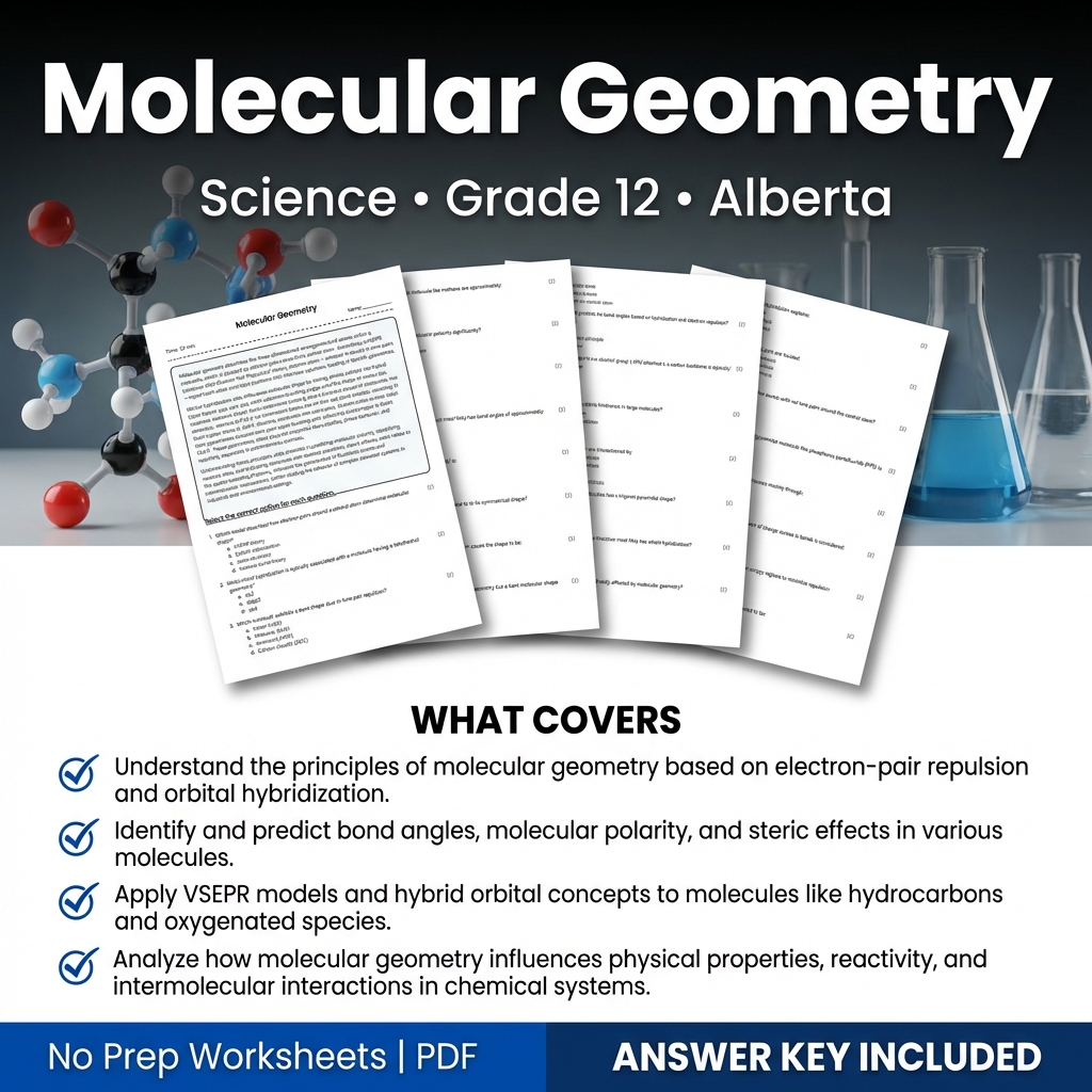 Grade 12 Science Worksheet on Molecular Geometry | Alberta Standards