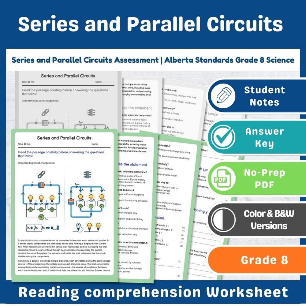 Grade 8 Science assessment worksheet — Series and Parallel Circuits Assessment | Alberta Standards Grade 8 Science — page 1