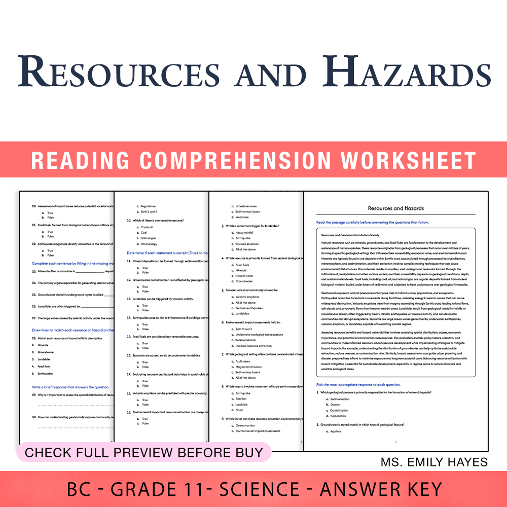 Grade 11 Science worksheet worksheet — Grade 11 Science | Resources and Hazards Worksheet (PDF + Answer Key) — page 1