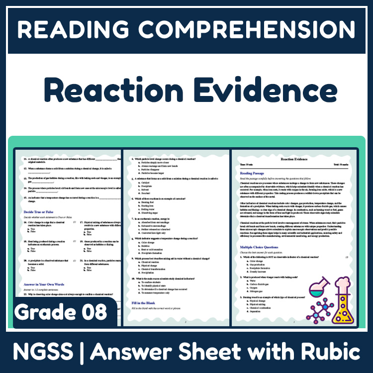 Grade 8 Science reading worksheets worksheet — Grade 8 Science | Reaction Evidence Reading Worksheet (Answer Key) — page 1