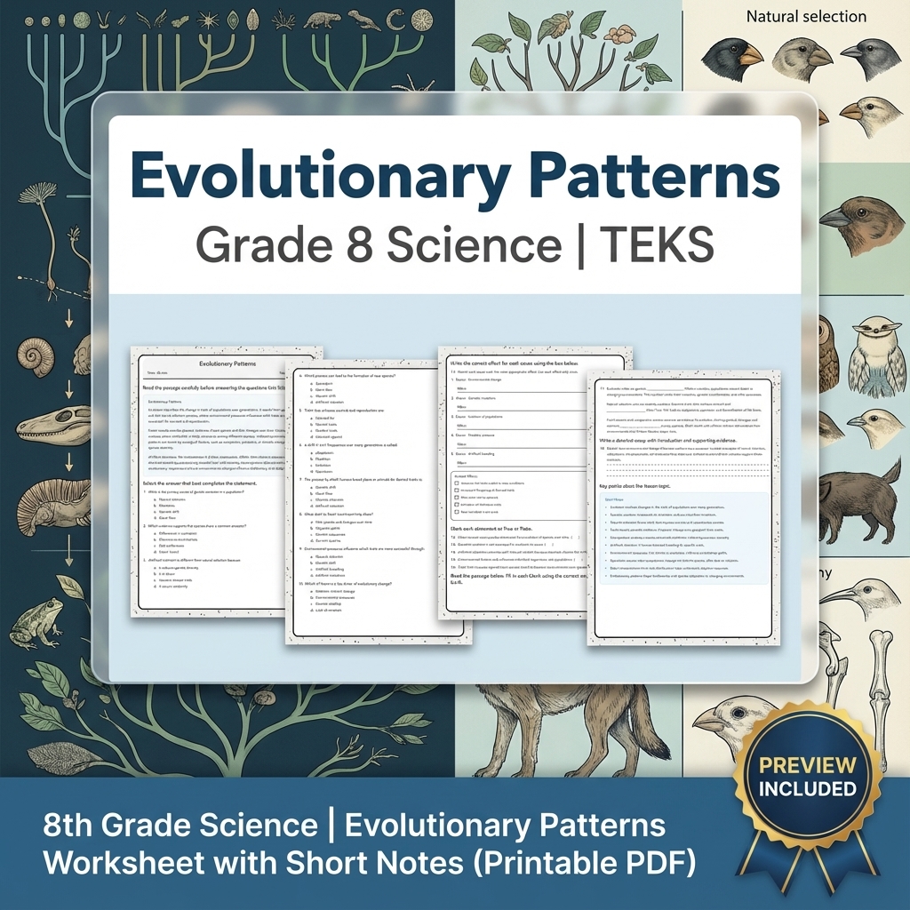 8th Grade Science Evolutionary Patterns Worksheet with Short Notes (PDF)