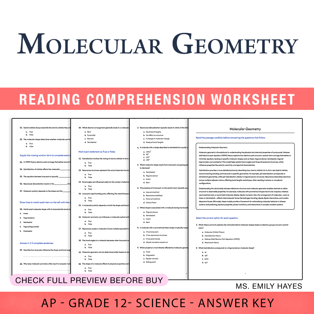 Grade 12 Science worksheet assessment worksheet — 12th Grade Science | Molecular Geometry Practice Worksheet (PDF+ Answer…